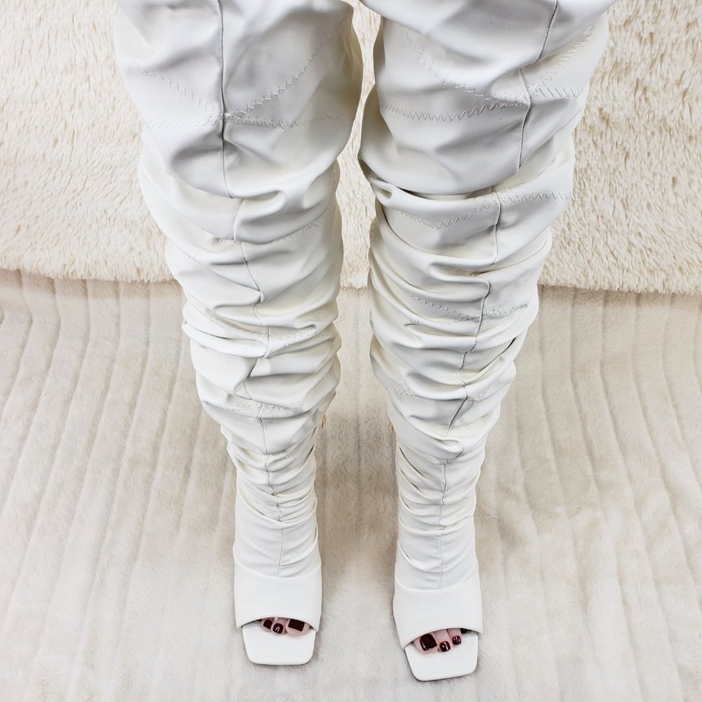 Bone White Square toe Thigh Boots Scrunch Slouch boots_12